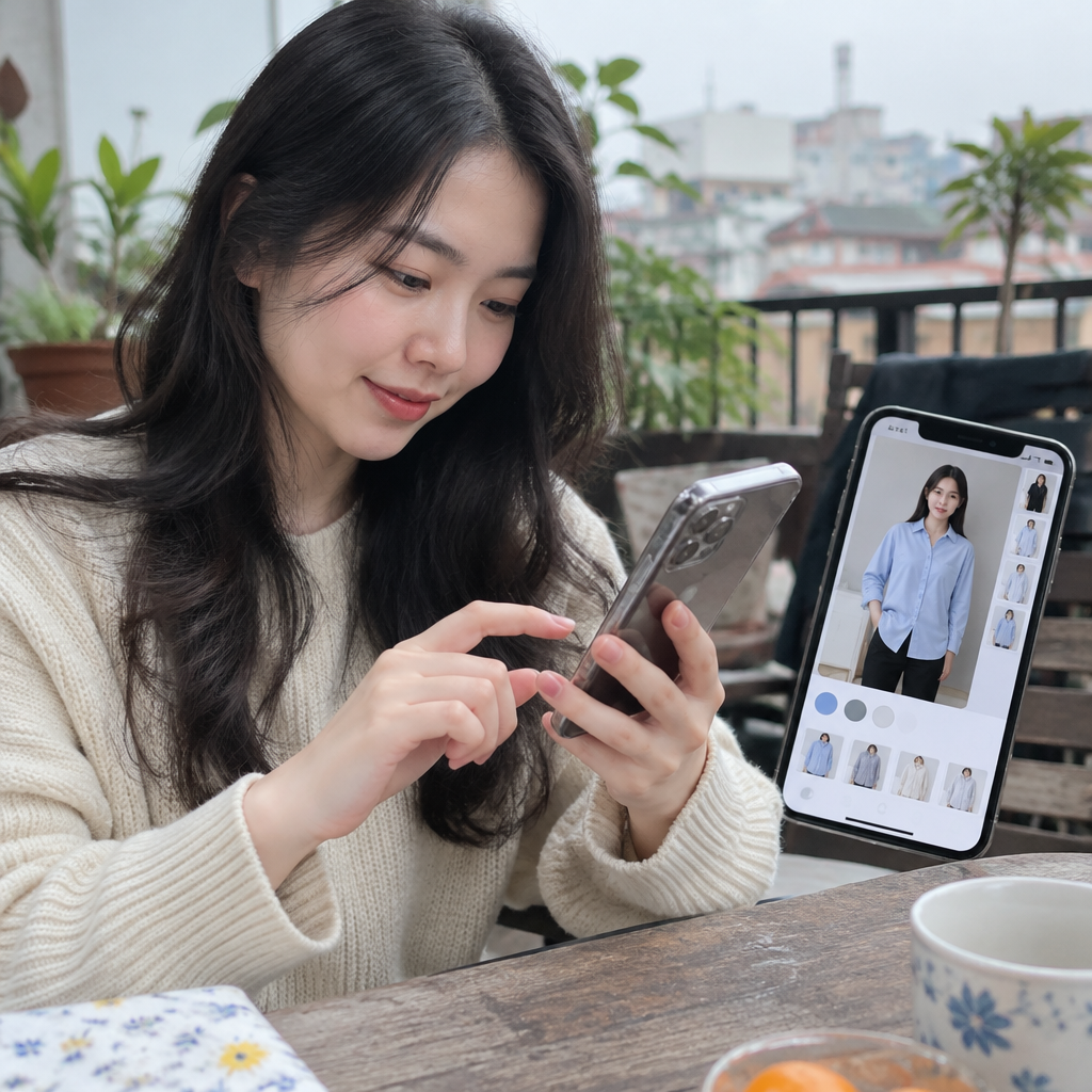 Một người phụ nữ đang thử áo sơ mi nữ trước gương, thể hiện việc mua sắm thời trang online