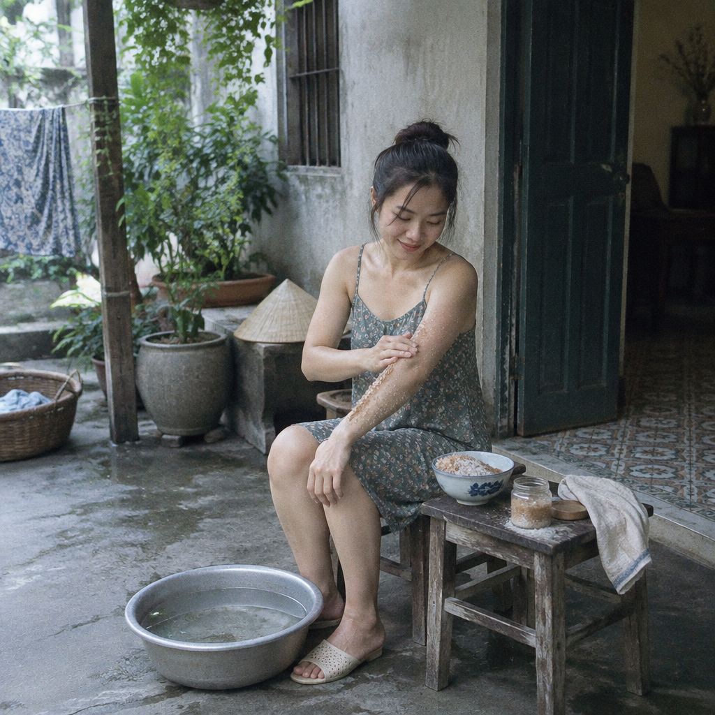 Người đang tẩy tế bào chết trên cánh tay bằng muối