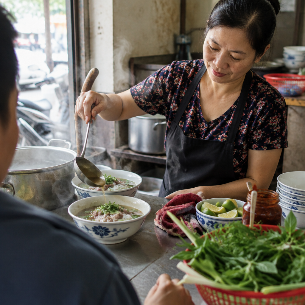 Một quán ăn đường phố Hà Nội với tô phở bốc khói, minh họa địa điểm ăn uống hà nội giá rẻ 2026