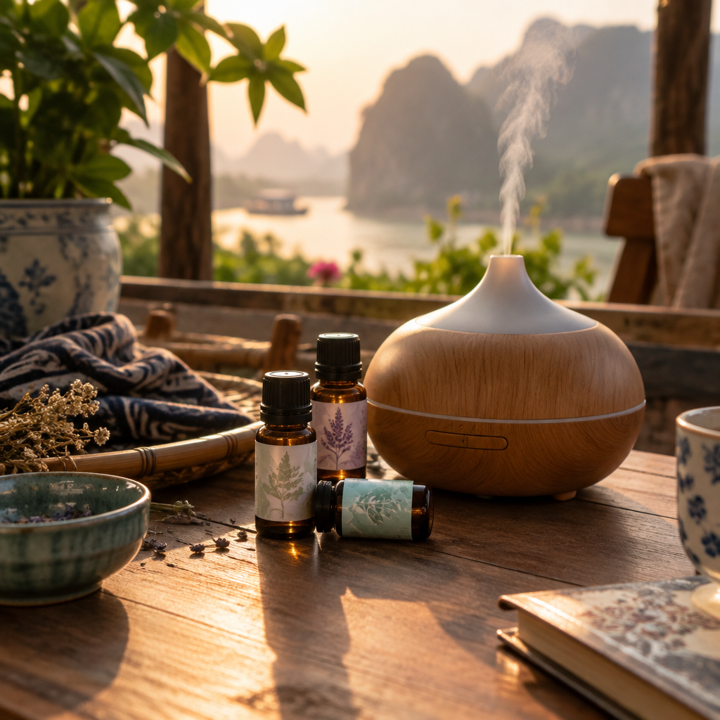 Các lọ tinh dầu thiên nhiên cùng máy khuếch tán, tạo không gian thư giãn.