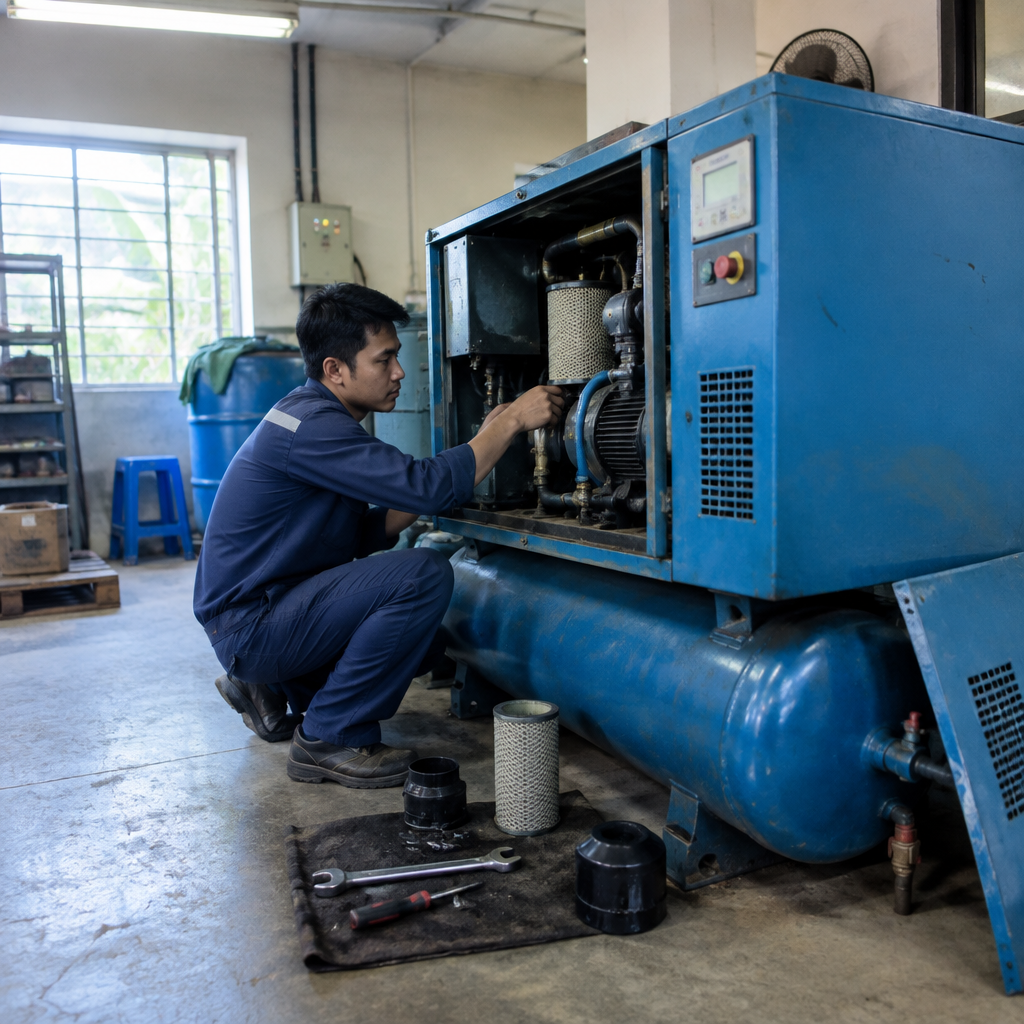 Kỹ thuật viên đang bảo dưỡng máy nén khí công nghiệp