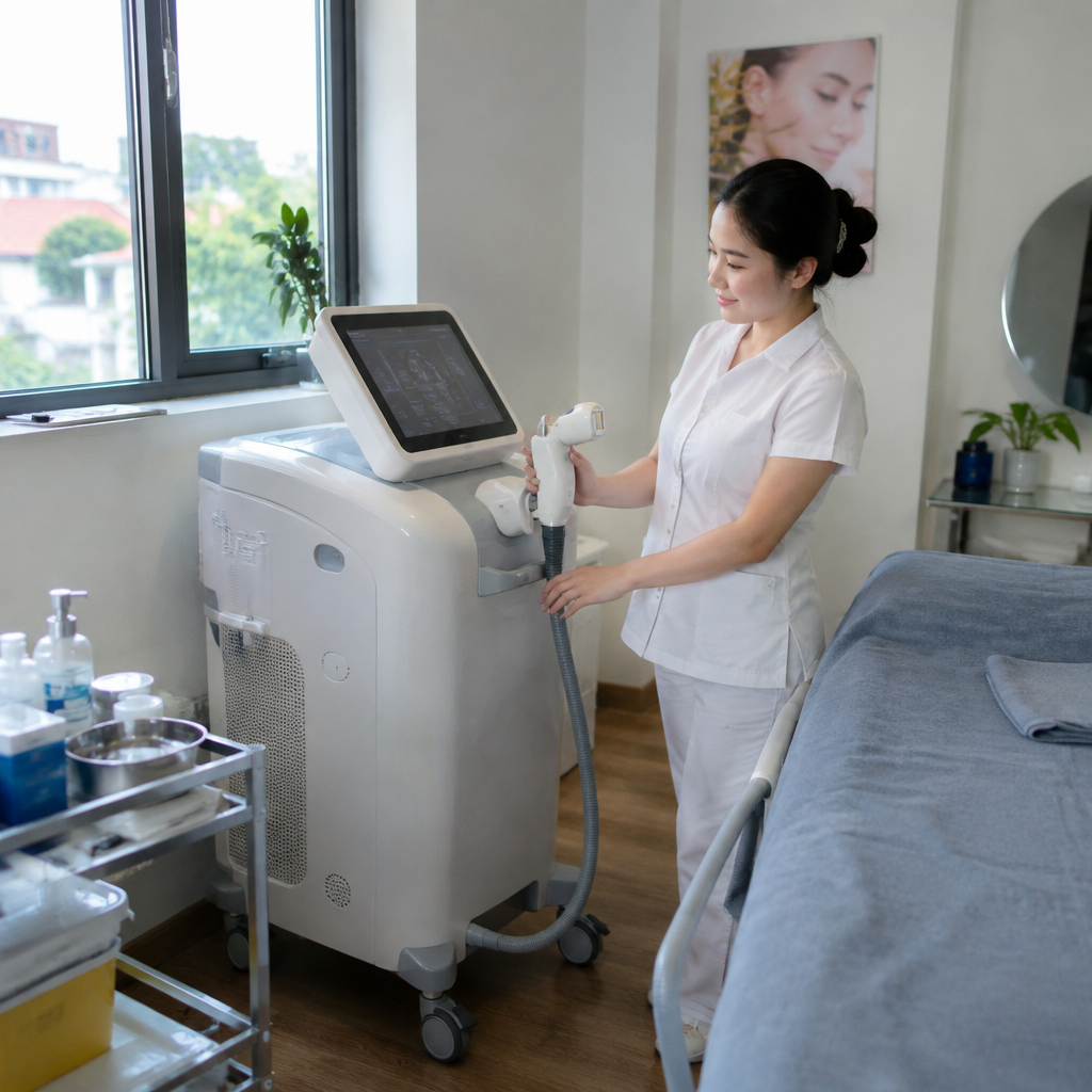 Máy thẩm mỹ AI hiện đại đang được sử dụng trong một phòng khám thẩm mỹ sang trọng, minh họa cho việc đầu tư máy thẩm mỹ AI, máy công nghệ cao spa