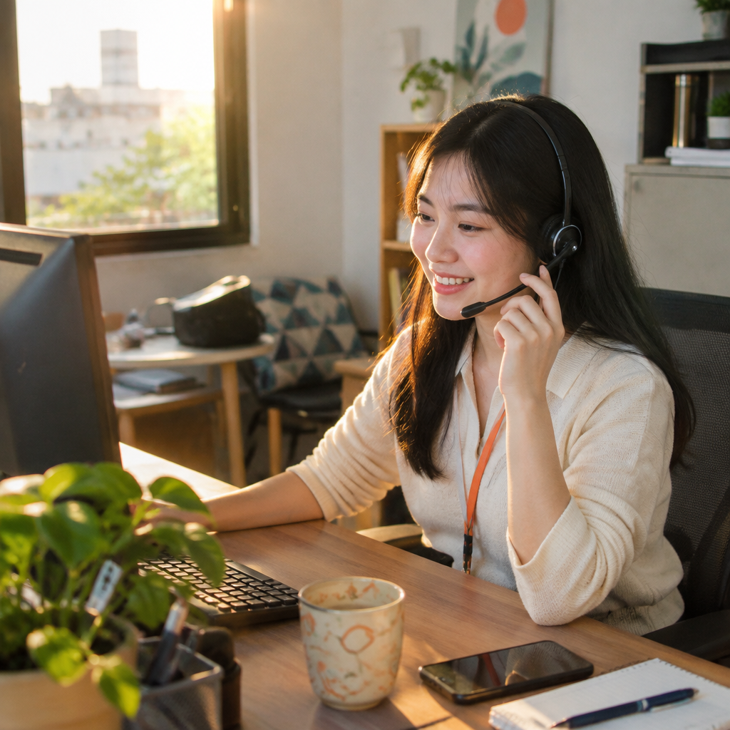 Một nhân viên dịch vụ khách hàng đang đeo tai nghe, biểu tượng cho sự hỗ trợ chuyên nghiệp khi mua sắm online