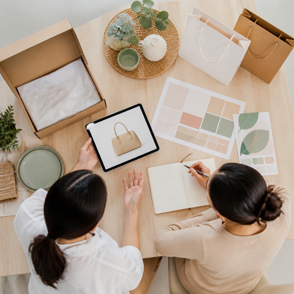 Mua Sắm Trực Tuyến 2026: Những Xu Hướng Mới Nổi Và Cách Bạn Cần Thích Nghi 4 Người bán hàng trực tuyến đang tương tác với khách hàng trên nhiều kênh, trong khi người mua tìm kiếm sản phẩm trên điện thoại, thể hiện sự thích nghi với xu hướng thương mại điện tử.