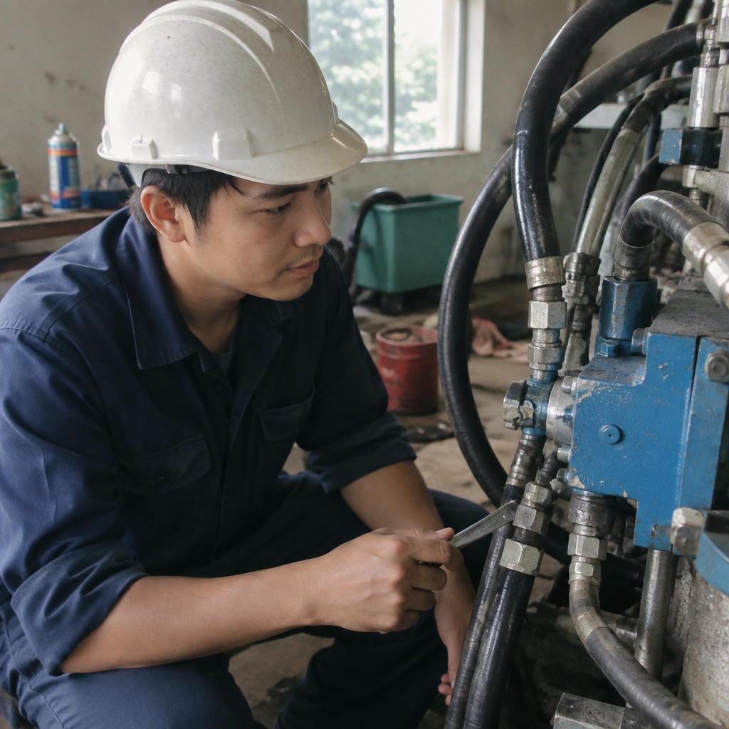 Kỹ thuật viên đang kiểm tra hệ thống thủy lực công nghiệp trong nhà máy