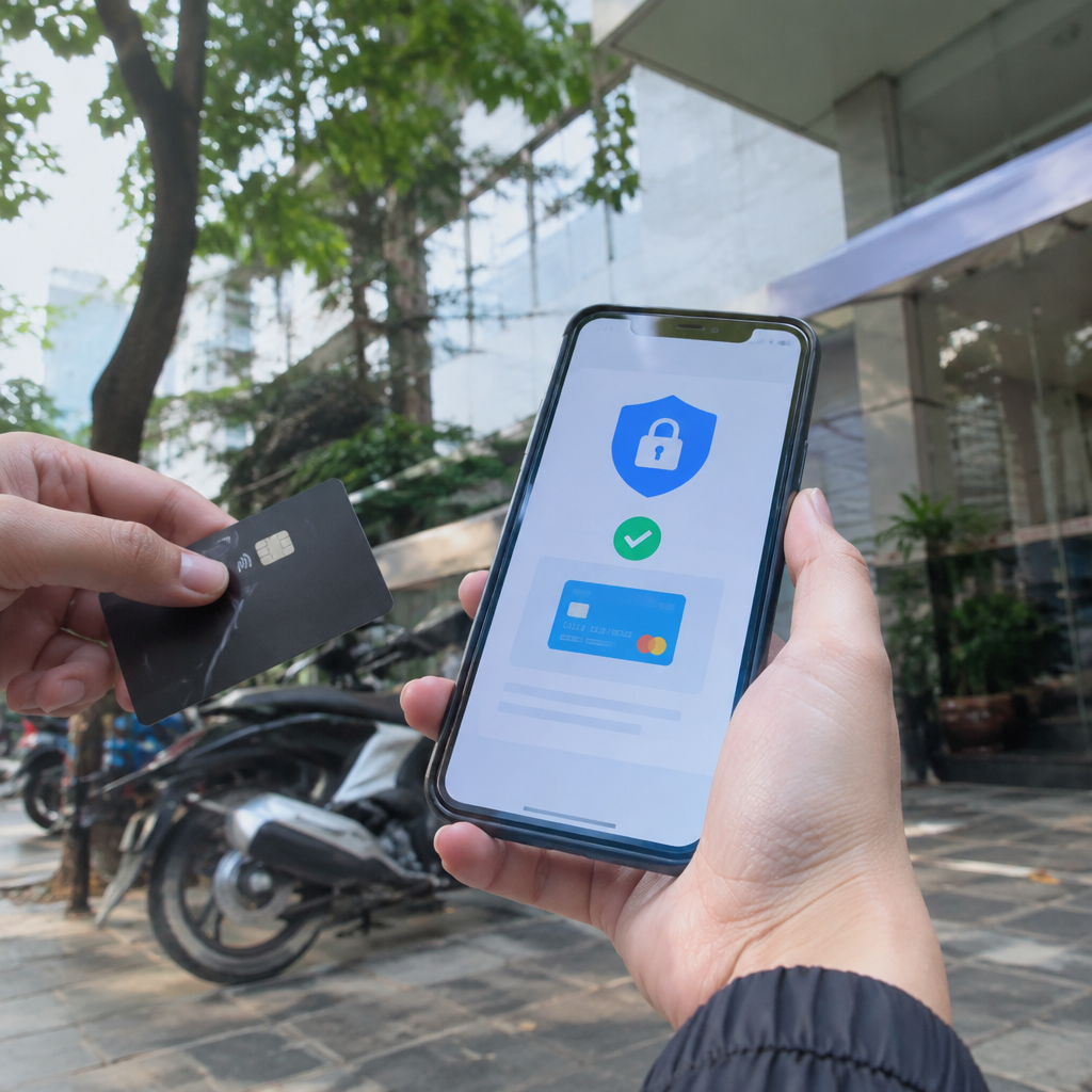 Hai người đang thực hiện giao dịch mua bán tại một nơi công cộng, tượng trưng cho sự an toàn