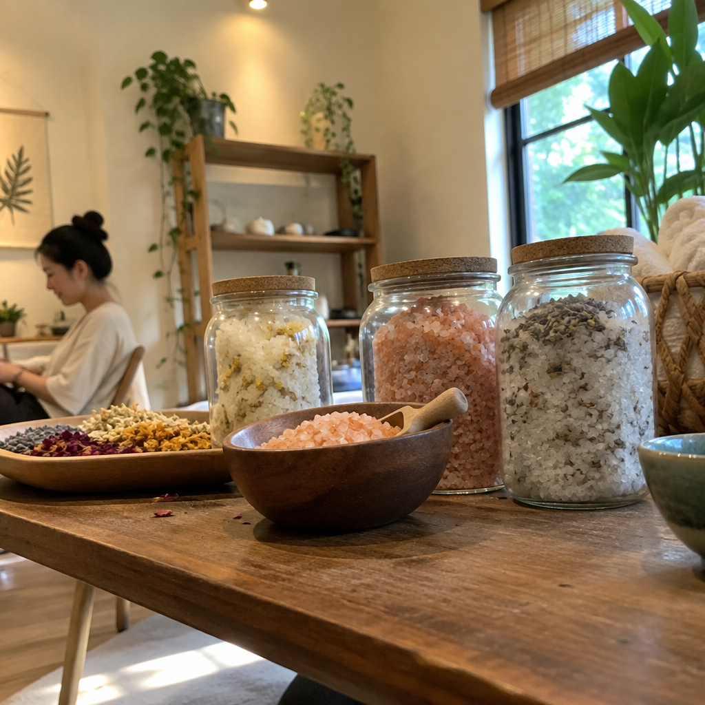 Nội thất spa tối giản với ánh sáng dịu nhẹ