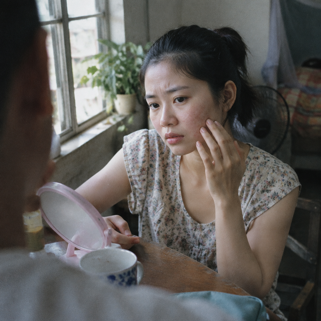 Một người phụ nữ với gương mặt căng thẳng và các vấn đề về da như mụn, lão hóa.