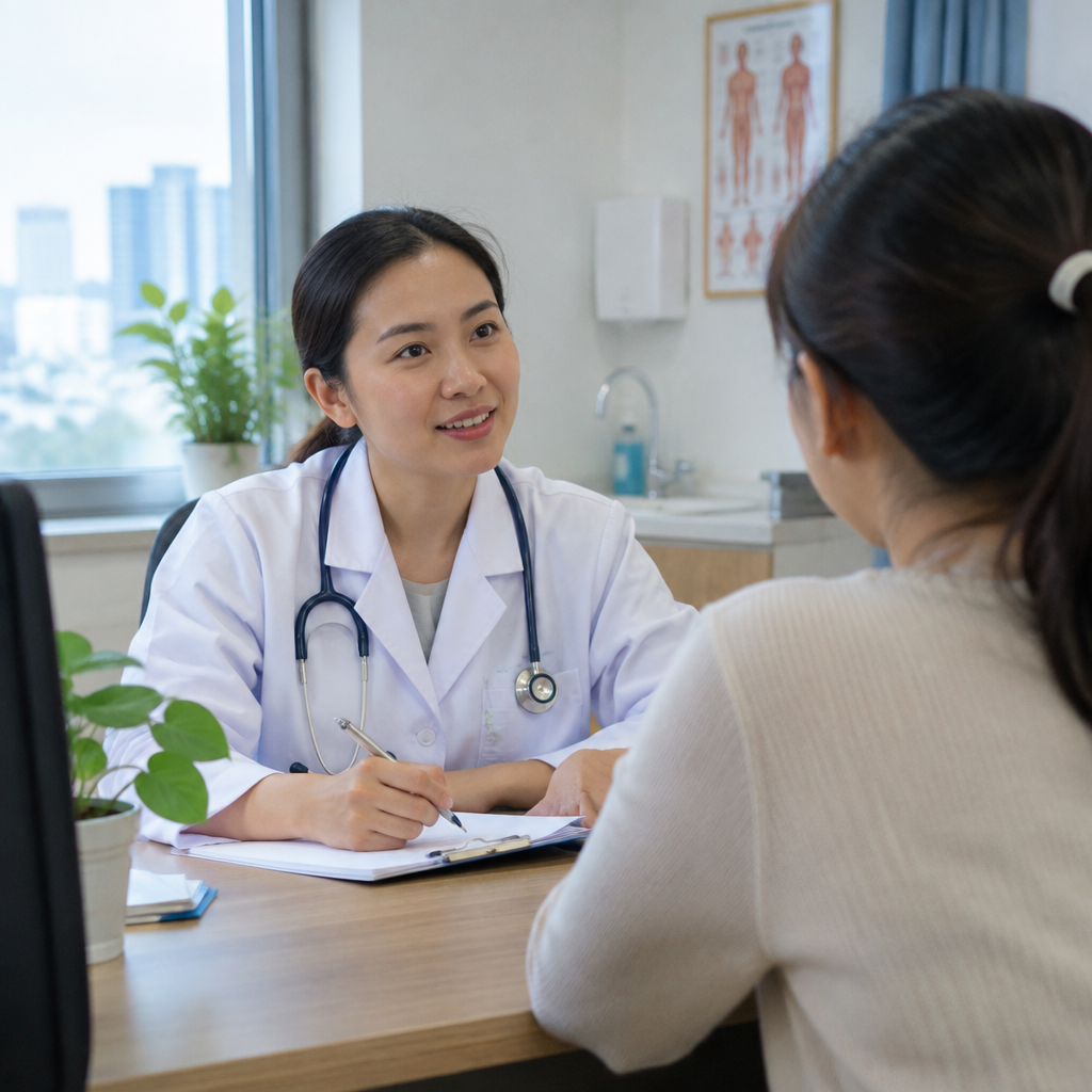 Phòng tư vấn y tế chuyên nghiệp với bàn ghế và màn hình hiển thị kết quả phân tích da