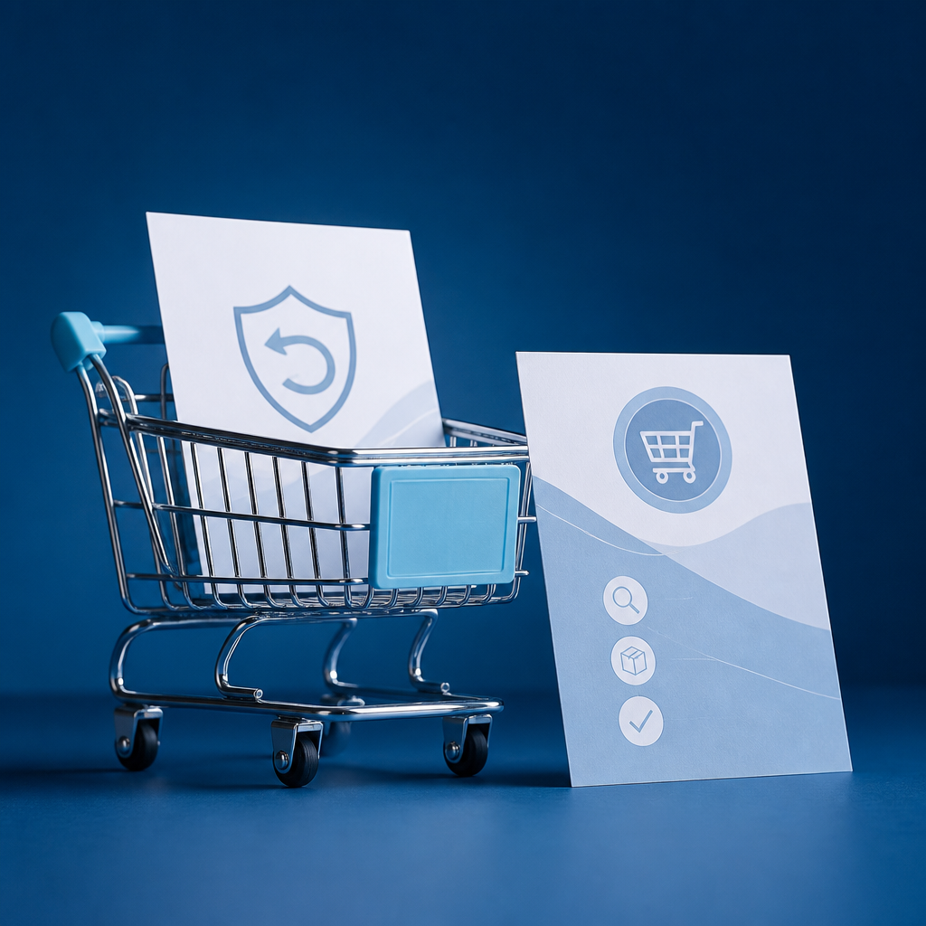 Tránh Xa Những Sai Lầm Phổ Biến Khi Mua Sắm Online: Kinh Nghiệm Chọn Sản Phẩm Chất Lượng 4 Tài liệu chính sách đổi trả được đặt cạnh giỏ hàng mua sắm trực tuyến.