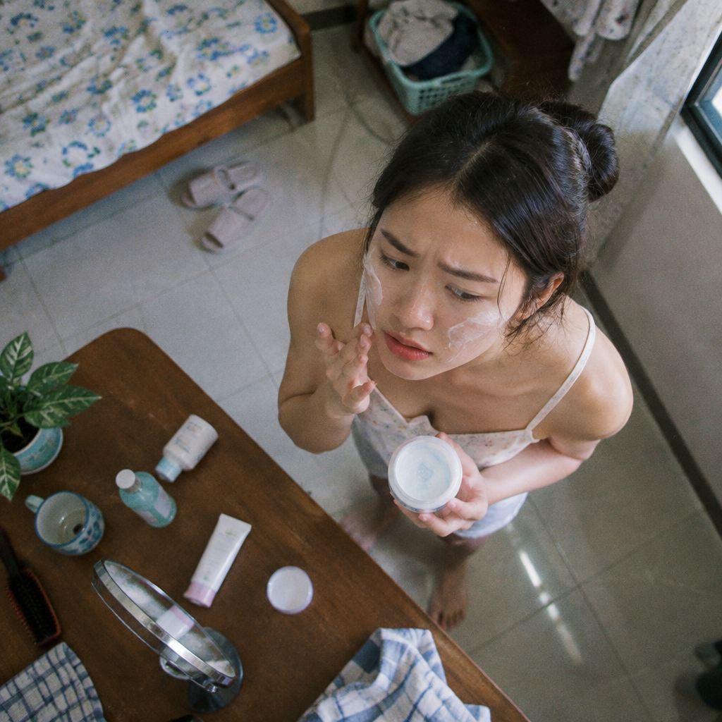 Người phụ nữ thoa sản phẩm dưỡng da không phù hợp lên mặt và có biểu hiện khó chịu