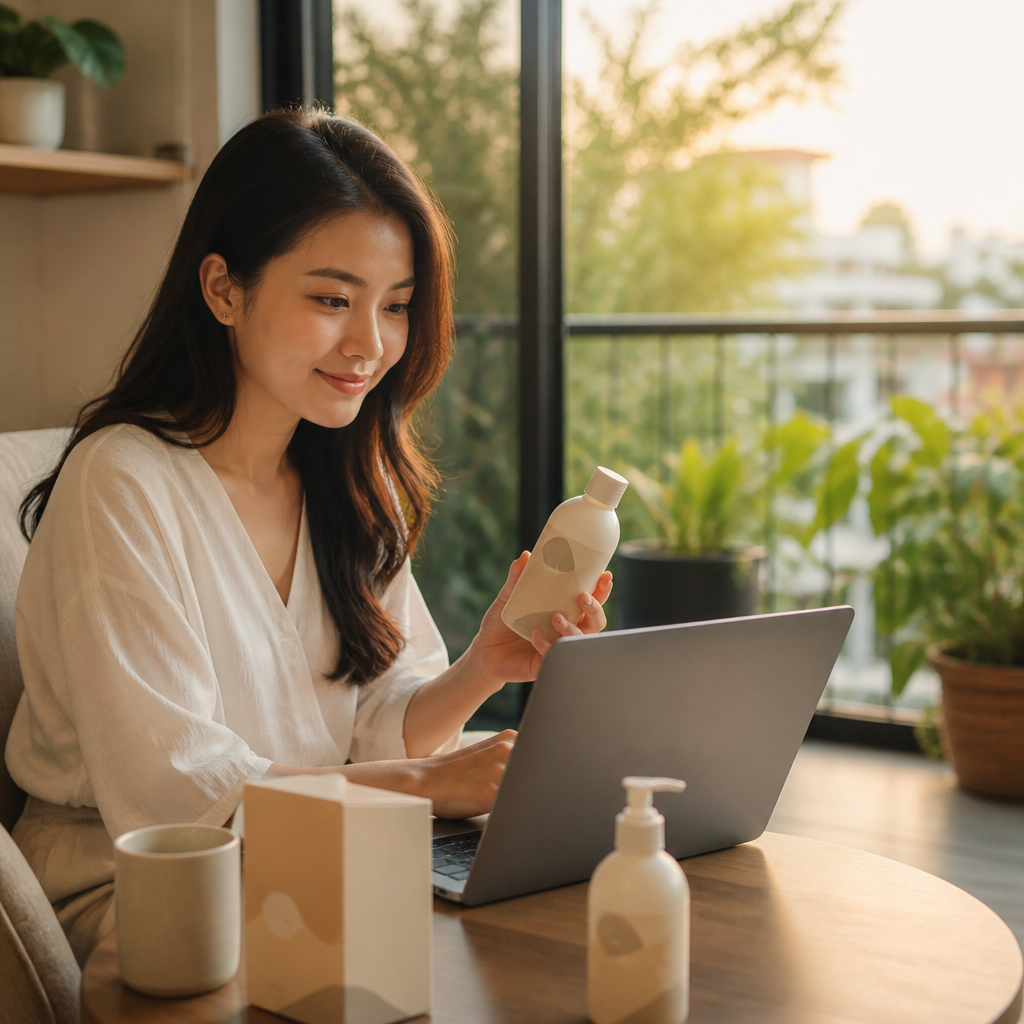 Tránh Xa Những Sai Lầm Phổ Biến Khi Mua Sắm Online: Kinh Nghiệm Chọn Sản Phẩm Chất Lượng 1 Một phụ nữ đang cẩn thận kiểm tra thông tin sản phẩm chi tiết trên màn hình máy tính.