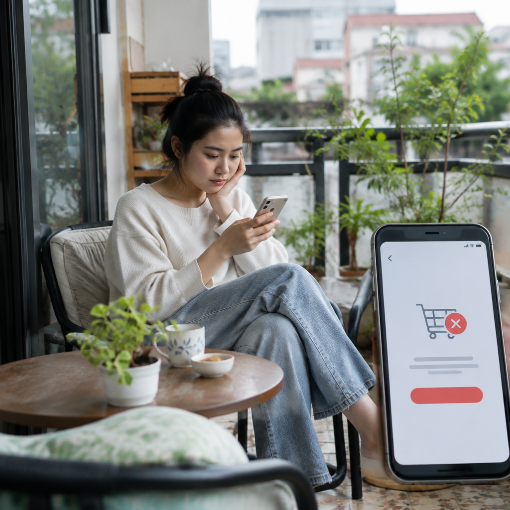 Người dùng lướt điện thoại, màn hình hiện thông báo lỗi đơn hàng online
