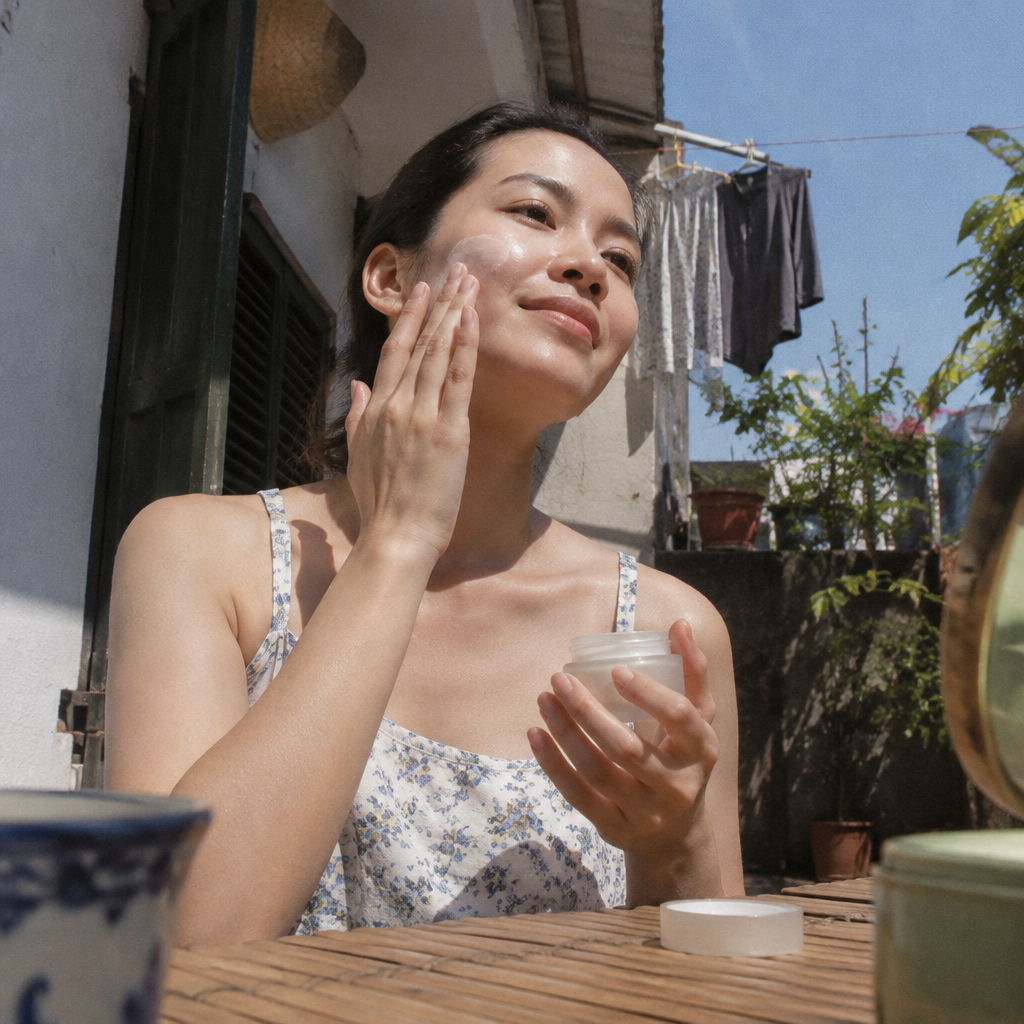 Người phụ nữ nhẹ nhàng thoa kem trẻ hóa cơ da lên mặt bằng đầu ngón tay, biểu cảm thư thái