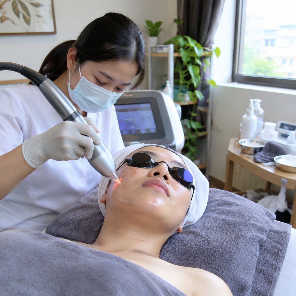 Thiết bị laser hiện đại đang thực hiện liệu trình điều trị nám trên da mặt của khách hàng.